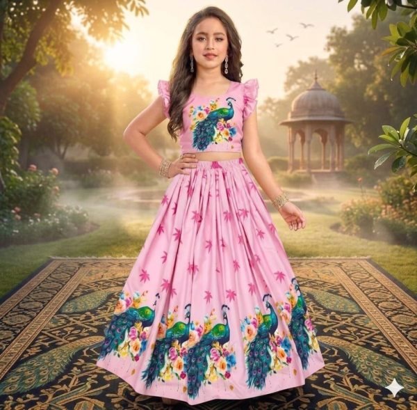 Elegant Baby Pink Premium Chinon Silk Lehenga with Printed Work and Full Stitched Blouse Girls Wear