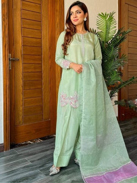 Pista Green Farshi Plazzo Set in Crepe with Mirror Dupatta Perfect for Functions Ready To Wear Suit