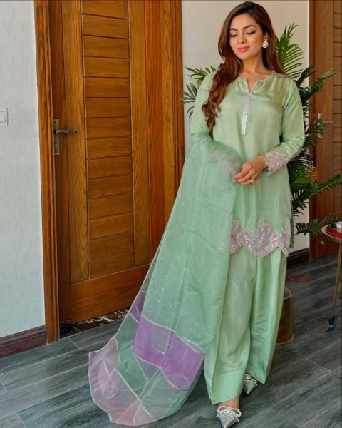 Pista Green Farshi Plazzo Set in Crepe with Mirror Dupatta Perfect for Functions Ready To Wear Collection