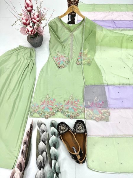 Pista Green Farshi Plazzo Set in Crepe with Mirror Dupatta Perfect for Functions Ready To Wear Collection