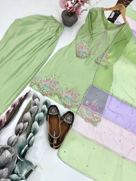 Pista Green Farshi Plazzo Set in Crepe with Mirror Dupatta Perfect for Functions Ready To Wear Collection