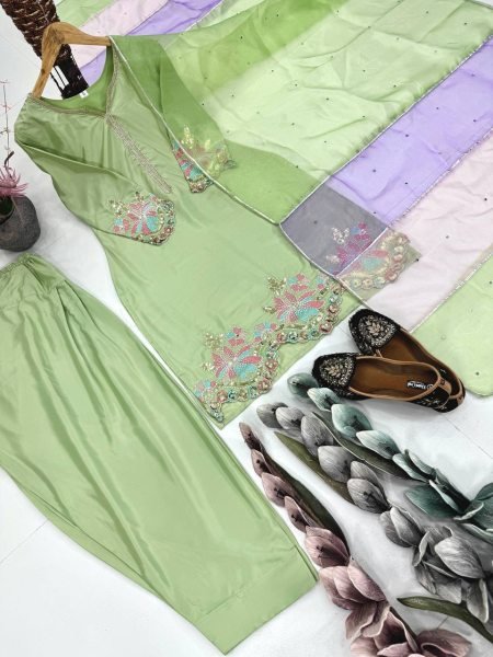 Pista Green Farshi Plazzo Set in Crepe with Mirror Dupatta Perfect for Functions Ready To Wear Collection