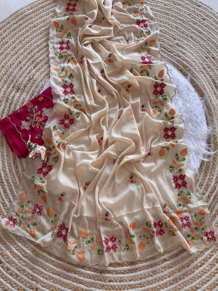 Elegant Beige Shining Georgette Embroidered Saree with Contrast Heavy Work Blouse at Wholesale Rate 