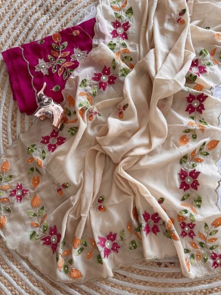 Elegant Beige Shining Georgette Embroidered Saree with Contrast Heavy Work Blouse at Wholesale Rate Georgette Sarees Wholesale