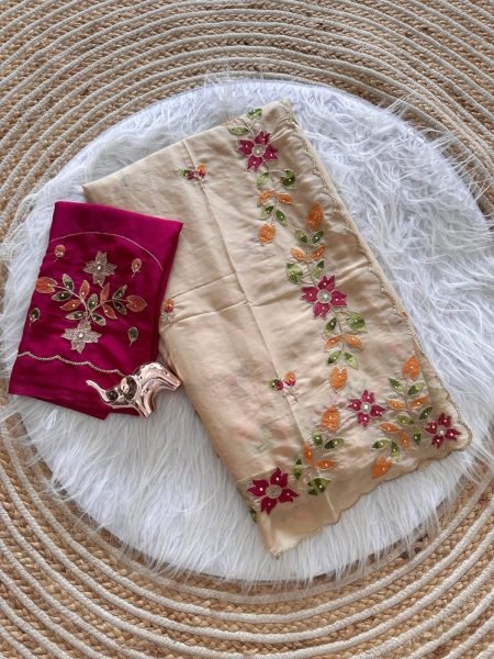 Elegant Beige Shining Georgette Embroidered Saree with Contrast Heavy Work Blouse at Wholesale Rate Georgette Sarees Wholesale