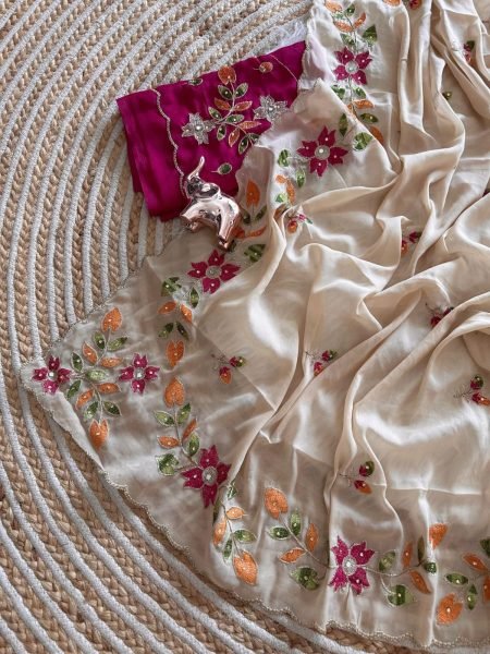 Elegant Beige Shining Georgette Embroidered Saree with Contrast Heavy Work Blouse at Wholesale Rate Georgette Sarees Wholesale