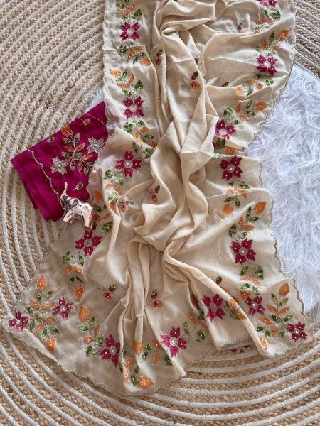 Elegant Beige Shining Georgette Embroidered Saree with Contrast Heavy Work Blouse at Wholesale Rate Georgette Sarees Wholesale