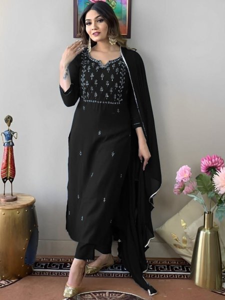  Elegant Black Embroidery Work Kurti Set with Chinon Dupatta Perfect for Daily Wear Embroidery Kurtis 