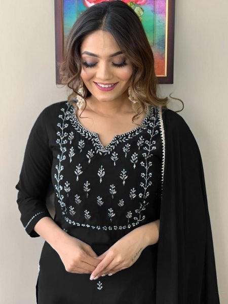  Elegant Black Embroidery Work Kurti Set with Chinon Dupatta Perfect for Daily Wear Embroidery Kurtis 