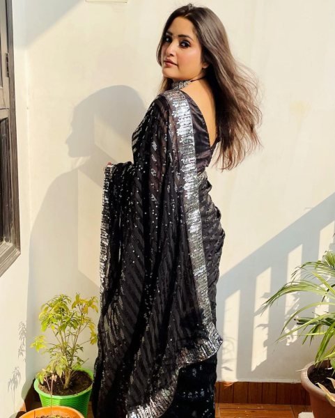 Elegant Black Georgette Sequins Work Saree with Sequence Lace Border For Wholesale Rate Bollywood Fancy Sarees Wholesale