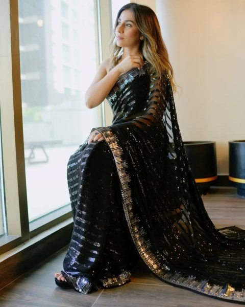 Elegant Black Georgette Sequins Work Saree with Sequence Lace Border For Wholesale Rate Bollywood Fancy Sarees Wholesale
