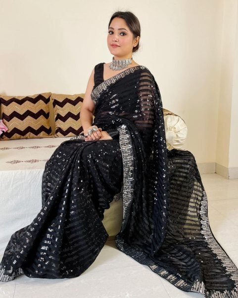 Elegant Black Georgette Sequins Work Saree with Sequence Lace Border For Wholesale Rate Bollywood Fancy Sarees Wholesale