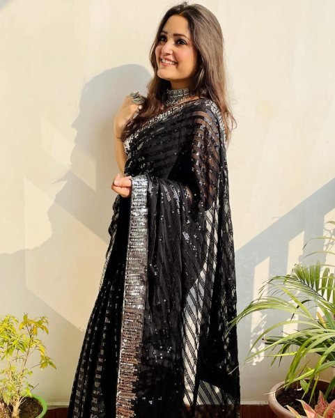 Elegant Black Georgette Sequins Work Saree with Sequence Lace Border For Wholesale Rate Bollywood Fancy Sarees Wholesale