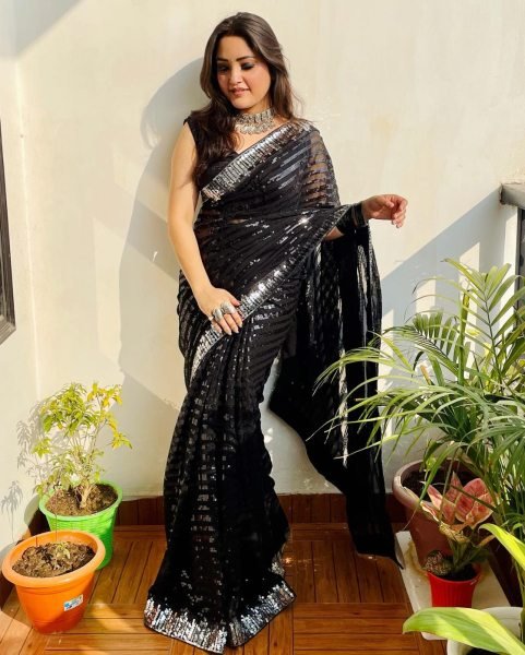 Elegant Black Georgette Sequins Work Saree with Sequence Lace Border For Wholesale Rate Bollywood Fancy Sarees Wholesale
