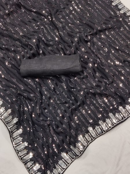 Elegant Black Georgette Sequins Work Saree with Sequence Lace Border For Wholesale Rate Bollywood Fancy Sarees Wholesale