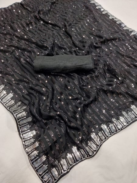 Elegant Black Georgette Sequins Work Saree with Sequence Lace Border For Wholesale Rate Bollywood Fancy Sarees Wholesale