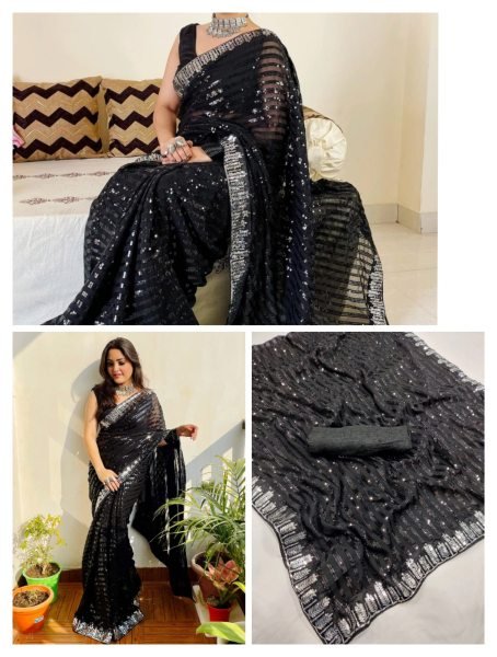 Elegant Black Georgette Sequins Work Saree with Sequence Lace Border For Wholesale Rate Bollywood Fancy Sarees Wholesale