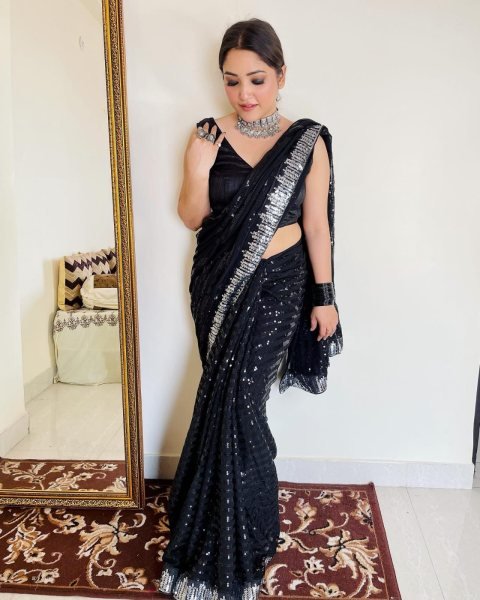 Elegant Black Georgette Sequins Work Saree with Sequence Lace Border For Wholesale Rate Bollywood Fancy Sarees Wholesale