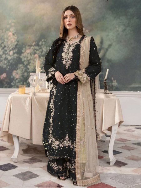 Elegant Black Jimmy Choo Suit with Diamond Embroidery & Net Dupatta Luxe Partywear Look Ready To Wear Collection