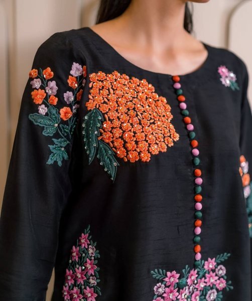 Elegant Black Natural Crepe Farsi Suit with Moti Work Dupatta Perfect for Nikaah &  Mehndi Functions Plus Size Kurti / Gown