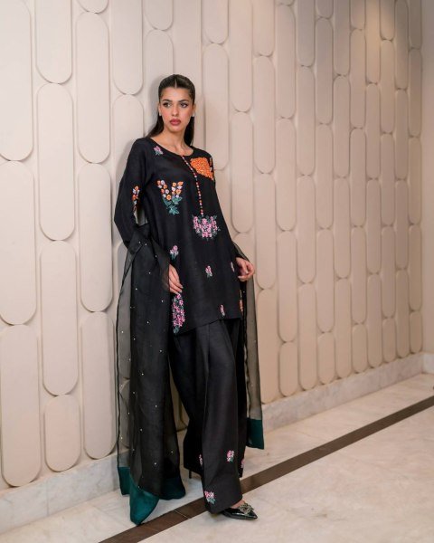 Elegant Black Natural Crepe Farsi Suit with Moti Work Dupatta Perfect for Nikaah &  Mehndi Functions Plus Size Kurti / Gown