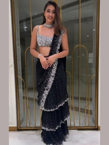 Elegant Black Partywear Frill Saree Multi Layer Style with Heavy Embroidery Sarees 
