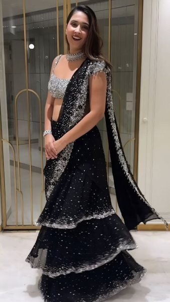 Elegant Black Partywear Frill Saree Multi Layer Style with Heavy Embroidery Ready To Wear Saree 