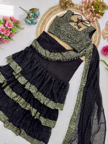 Elegant Black Partywear Frill Saree Multi Layer Style with Heavy Embroidery Ready To Wear Saree 