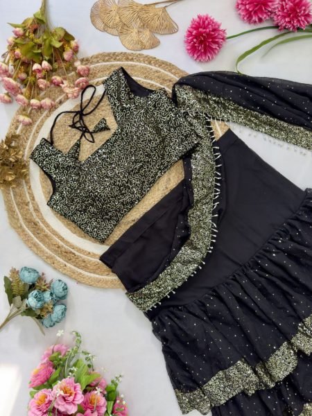 Elegant Black Partywear Frill Saree Multi Layer Style with Heavy Embroidery Ready To Wear Saree 