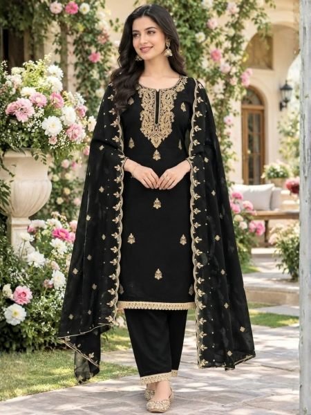 Elegant Black Premium Georgette Embroidered Suit with Santoon Bottom at Wholesale Rate 