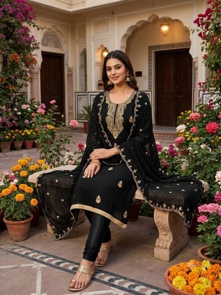 Elegant Black Premium Georgette Embroidered Suit with Santoon Bottom at Wholesale Rate Color Set Matching Dress Material Wholesale