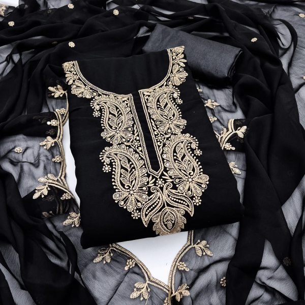 Elegant Black Premium Georgette Embroidered Suit with Santoon Bottom at Wholesale Rate Color Set Matching Dress Material Wholesale
