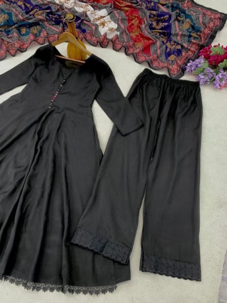 Elegant Black Roman Silk Gown Style Kurti Set with Dupatta for Party Wear Anarkali Kurtis 
