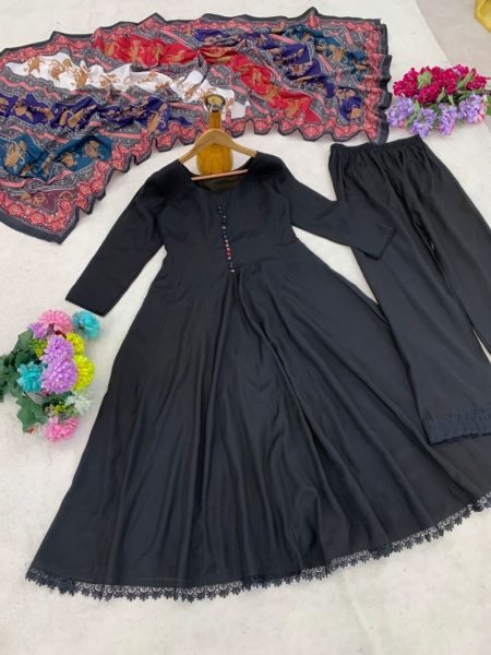 Elegant Black Roman Silk Gown Style Kurti Set with Dupatta for Party Wear Anarkali Kurtis 