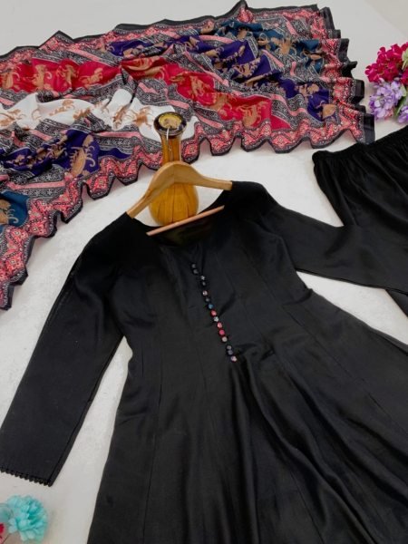 Elegant Black Roman Silk Gown Style Kurti Set with Dupatta for Party Wear Anarkali Kurtis 