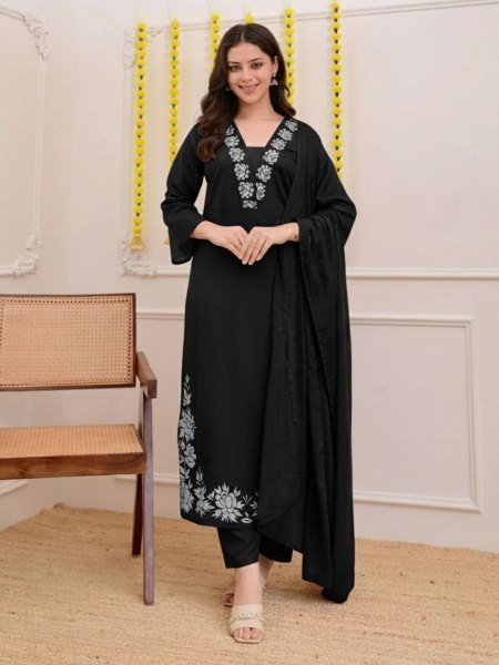Elegant Black Soft Slub Cotton Embroidered Kurta Pant Set with Premium Nazmin Dupatta Ready to Wear Kurtis