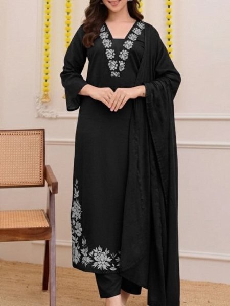 Elegant Black Soft Slub Cotton Embroidered Kurta Pant Set with Premium Nazmin Dupatta Ready to Wear Embroidery Kurtis 