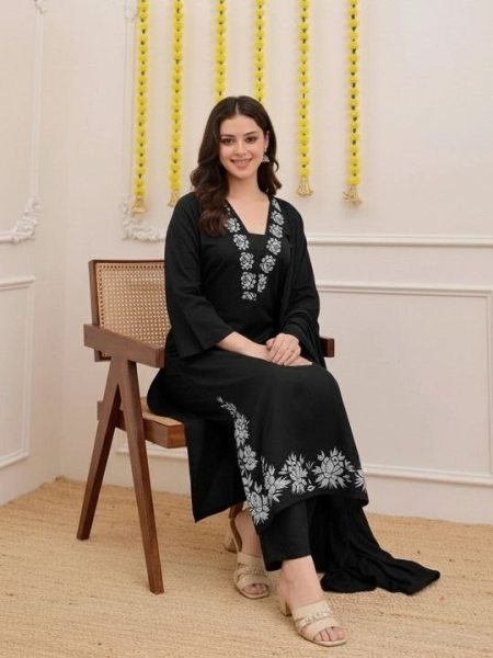 Elegant Black Soft Slub Cotton Embroidered Kurta Pant Set with Premium Nazmin Dupatta Ready to Wear Embroidery Kurtis 