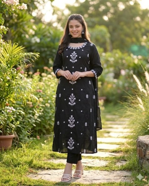 Elegant Black Women's Slub Cotton Kurti Pant Suit Set with Embroidery Work and Stylish Nazmin Dupatta Embroidery Kurtis 