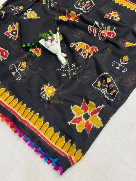 Elegant Black Yellow Premium Mul Mul Cotton Saree with Running Blouse for Women Printed Cotton Sarees Wholesale