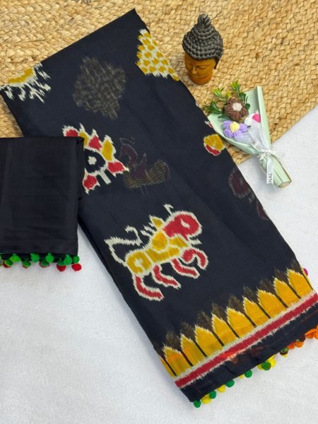 Elegant Black Yellow Premium Mul Mul Cotton Saree with Running Blouse for Women Printed Cotton Sarees Wholesale
