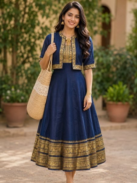 Elegant Blue Chettinadu Cotton Gown for Women with Stylish Overcoat and Comfortable Inner for Resellers Kurtis