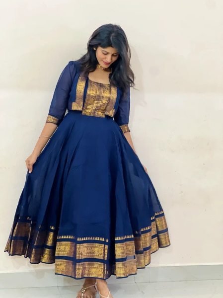 Elegant Blue Chettinadu Cotton Gown for Women with Stylish Overcoat and Comfortable Inner for Resellers Anarkali Kurtis 