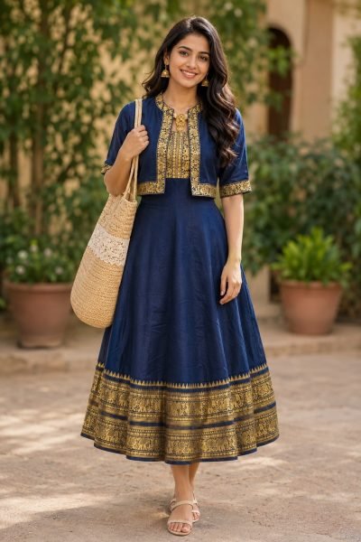 Elegant Blue Chettinadu Cotton Gown for Women with Stylish Overcoat and Comfortable Inner for Resellers Anarkali Kurtis 