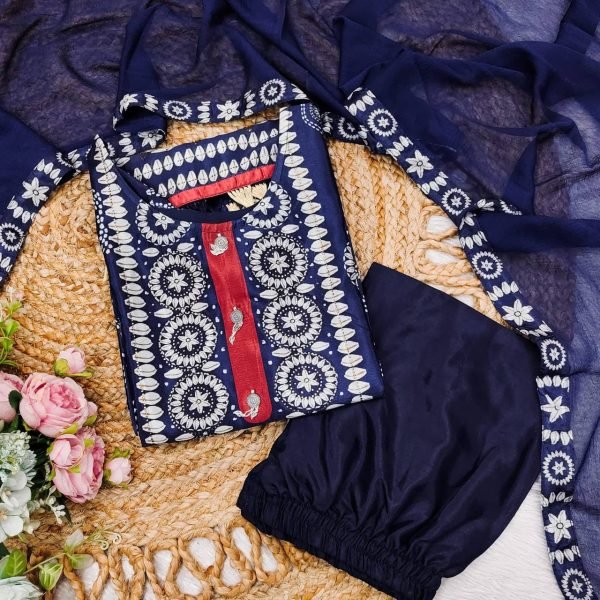 Elegant Blue Embroidery Kurta Set for Girls    Women Stylish Neck Work Cotton Fabric Latest 3 Piece Collection  Straight Cut Long Kurtis