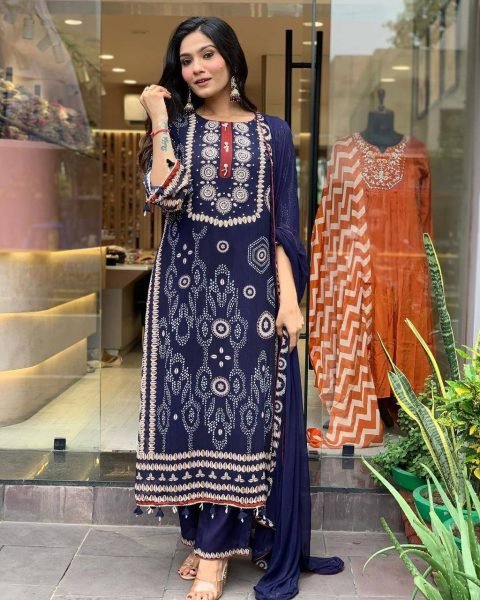 Elegant Blue Embroidery Kurta Set for Girls    Women Stylish Neck Work Cotton Fabric Latest 3 Piece Collection  Straight Cut Long Kurtis