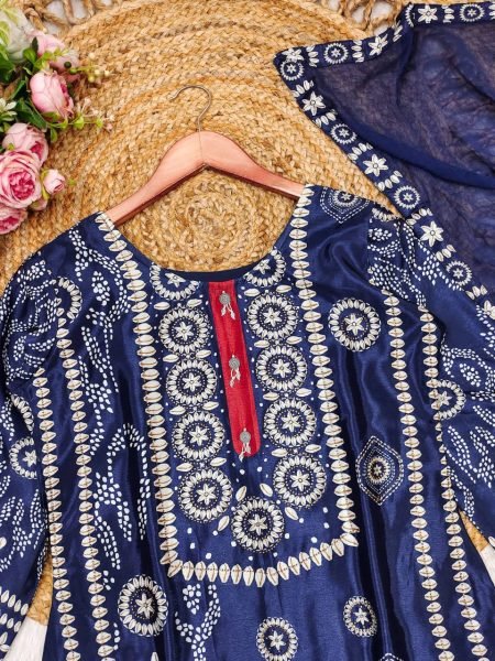 Elegant Blue Embroidery Kurta Set for Girls    Women Stylish Neck Work Cotton Fabric Latest 3 Piece Collection  Straight Cut Long Kurtis