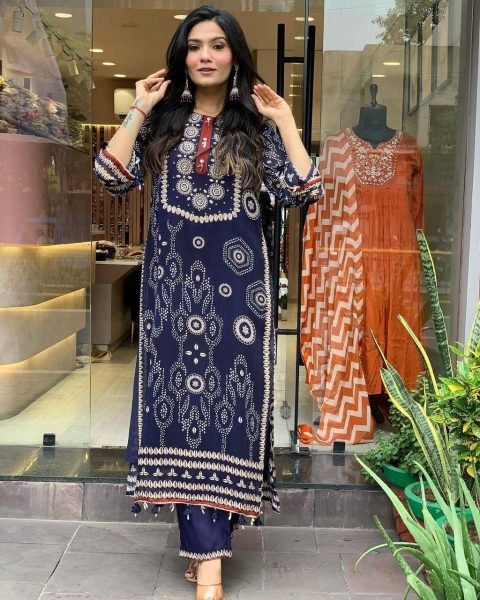 Elegant Blue Embroidery Kurta Set for Girls    Women Stylish Neck Work Cotton Fabric Latest 3 Piece Collection  Straight Cut Long Kurtis