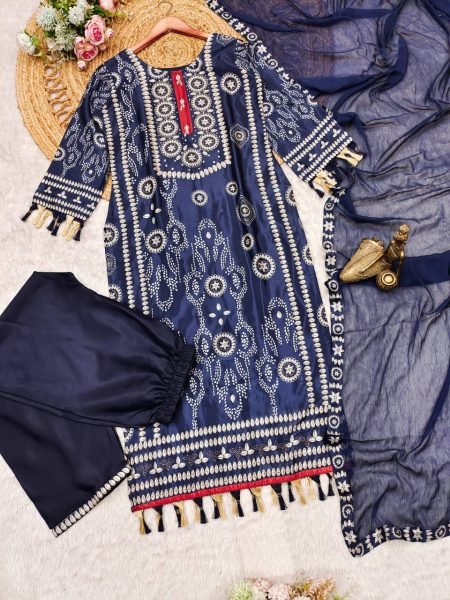 Elegant Blue Embroidery Kurta Set for Girls    Women Stylish Neck Work Cotton Fabric Latest 3 Piece Collection  Straight Cut Long Kurtis