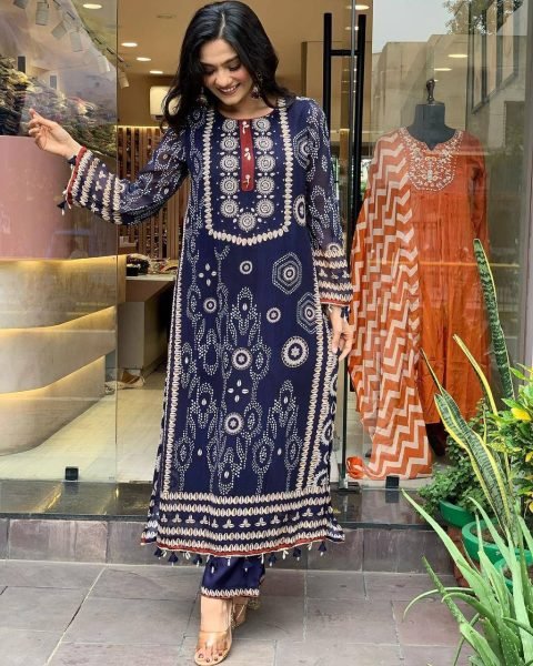 Elegant Blue Embroidery Kurta Set for Girls    Women Stylish Neck Work Cotton Fabric Latest 3 Piece Collection  Straight Cut Long Kurtis